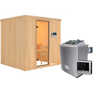 Sauna Woodfeeling Tromsö con stufa e porta in vetro, sauna in legno massello per ore di relax.
