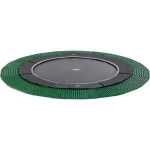 Trampolino interrato nero EXIT Dynamic Ø 427 cm con piastre di sicurezza Freezone verdi.