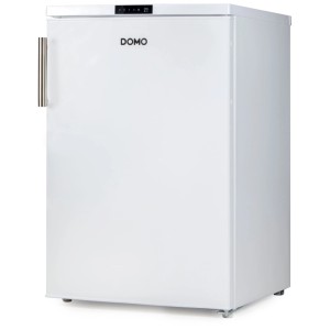 Weißer Domo Standkühlschrank mit Edelstahlgriff und LED-Anzeige, 134 Liter Fassungsvermögen.