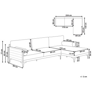 Dessin coté du canapé d'angle de jardin Beliani Cavezzo gauche. Dimensions détaillées pour mobilier lounge.