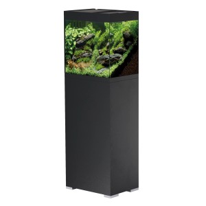 Oase StyleLine 85 aquarium noir avec meuble et plantes.