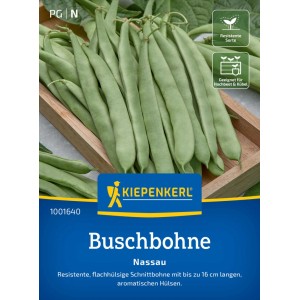 Seme di fagiolino nano Kiepenkerl Nassau: Fagioli verdi e piatti in ciotola di legno, resistenti e aromatici.