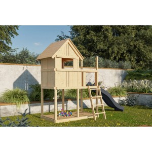 Maisonnette Karibu Frieda avec toboggan, échelle en bois, naturel/anthracite, dans le jardin.