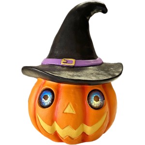 Figura decorativa LED zucca di Halloween, arancione con cappello da strega, alta 36,3 cm. Occhi luminosi, funzione timer.