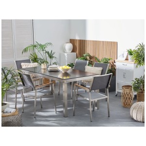 Set mobili da giardino Beliani Grosseto con 6 sedie, piano in vetro nero/grigio. Set da giardino moderno per 6 persone.