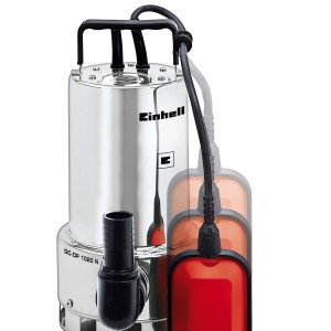 Pompe submersible Einhell GC-DP 1020 N en acier inoxydable avec interrupteur à flotteur et accessoires.