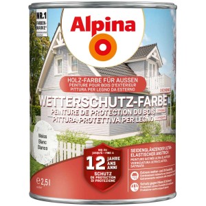 Alpina Wetterschutzfarbe deckend in Weiß, 2,5 l Gebinde für langanhaltenden Schutz.