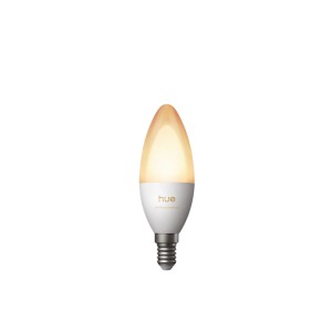 Ampoule LED Philips Hue E14 flamme, lumière blanc chaud, culot blanc. Éclairage connecté réglable.