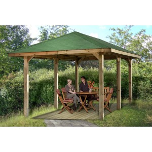 Weka Gartenoase 651 B: Gazebo in legno con tetto verde e persone sedute.