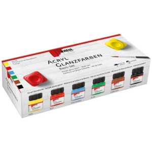 Kreul Acryl-Glanzfarben Basis-Set mit 6 Farben (Gelb, Rot, Blau, Grün, Braun, Schwarz) und Pinsel.