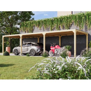 Ensemble de pavillon Karibu Fyrkant, naturel, avec voiture et moto garées dessous.
