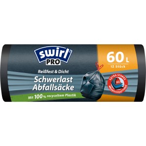 Sacs poubelle Swirl Profi charges lourdes, 60L, 12 pièces, avec cordon de serrage et en plastique recyclé.
