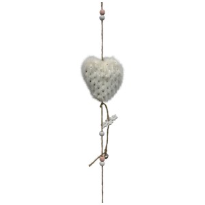 Ghirlanda di cuori di peluche bianchi (100 cm) con fiocchi di neve, campanelle e perline come decorazione.