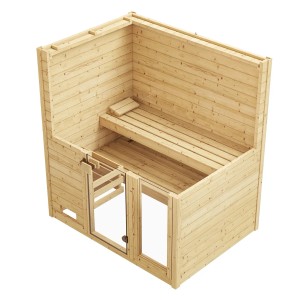 Sauna en bois massif Weka Valida 2 avec porte en verre et fenêtre, vue intérieure avec bancs.