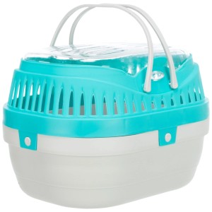 Cage de transport Trixie Pico, bleue et blanche avec poignée, idéale pour les petits animaux.