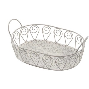 Cesto ovale in metallo bianco antico con manici, decorativo per mobili da giardino.