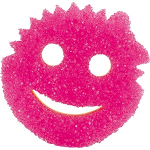 Spugna abrasiva Scrub Mommy rosa a forma di smiley per cucina e casa.