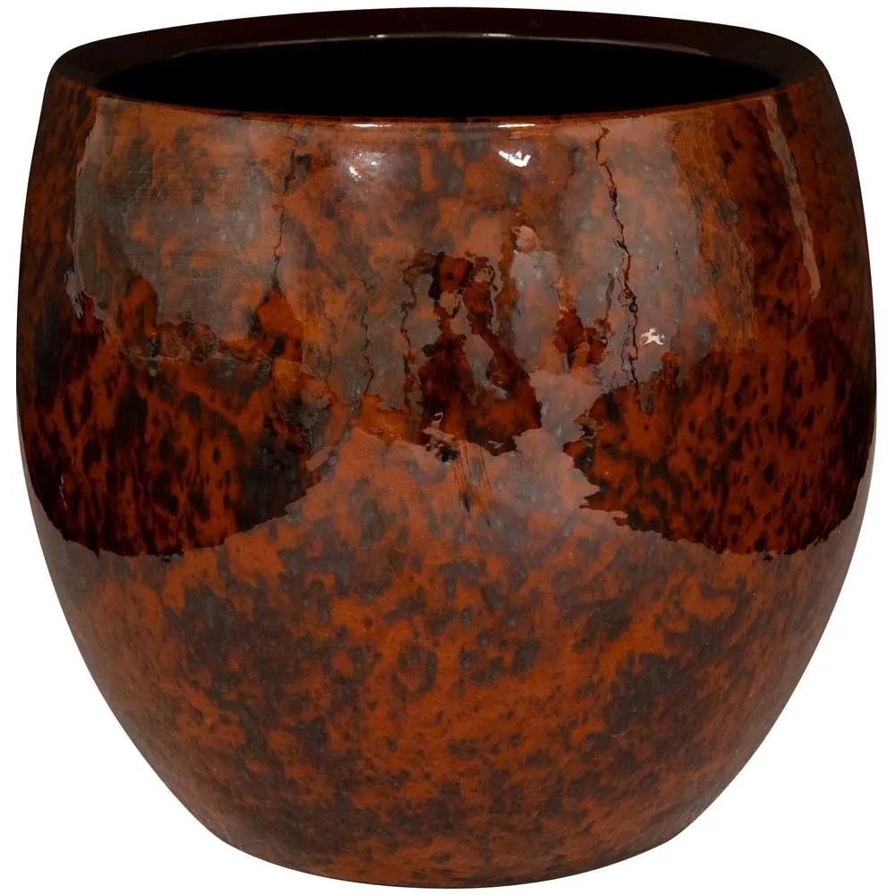 Keramik Blumentopf Bali – Holzdekor, Durchmesser 23 Cm, Höhe 17,5 Cm, Wasserdicht, Unikat Mit Handbemalung