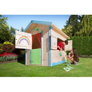 Cabane pour enfants Weka Tabaluga Grotte du Dragon avec des enfants jouant dans le jardin.