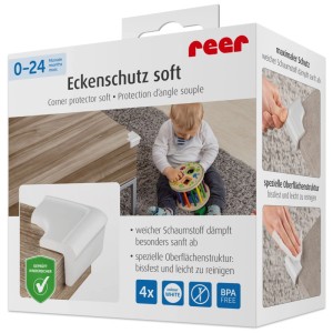 Reer Eckenschutz soft, 4er-Pack, weiß. Schützt Kinder vor Stößen an Tischkanten und Möbeln.