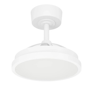 Ventilatore da soffitto LED Eglo Malpica bianco con pale retratte, sembra una moderna plafoniera.