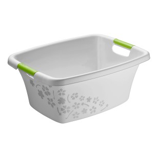 Bac à linge Rotho Flowers gris, 25 l, avec décor floral et poignées vertes.
