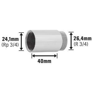 Prolunga per rubinetto in ottone cromato, 24,1 x 26,4 mm, lunga 40 mm, per raccordi filettati.