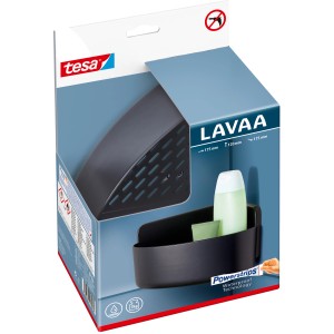 Verpackung des schwarzen Tesa Lavaa Eckduschkorbs Small mit Powerstrips Waterproof Technologie.