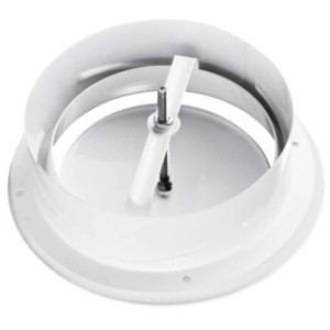 Weisses Tellerventil aus Stahl, Ø 150 mm, für Flachkanal- und Rundrohrsysteme.