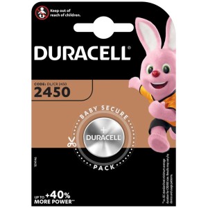 Pile bouton lithium Duracell CR2450 3V en emballage sécurisé pour enfants.