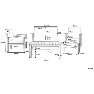 Schizzo del set lounge Beliani Manila in legno di acacia a 4 posti con dimensioni per mobili da giardino.