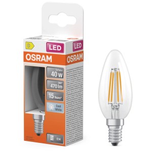 Osram LED-Leuchtmittel B40, E14, 4000K, 3,4W, Filament klar, Kerzenform. Neutralweisses Licht für Wohn- und Büroumgebungen.