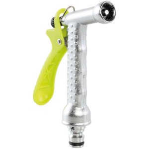 Pistolet à eau chromé Gartec, pulvérisateur de jardin réglable avec poignée verte.