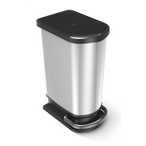 Rotho Poubelle à pédale Paso duo, 50 L, aspect inox avec couvercle noir, pour le tri des déchets.