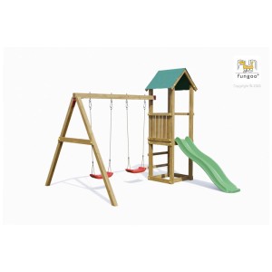 Tour de jeu en bois Fungoo Lucas avec balançoire double et toboggan pour jardin.