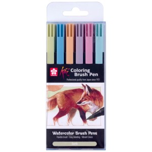 Sakura Koi Brushpen Set Earth, 6 Stifte in Pastellfarben im transparenten Kunststoffetui.