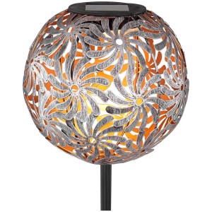 Silbergraue Globo LED Solar-Deko Kugel mit Blumenmuster, Ø 18,5 cm, Höhe 54 cm.