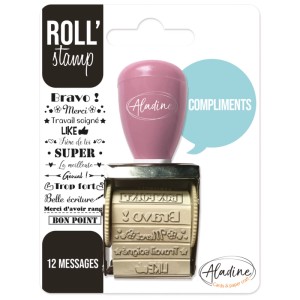 Aladine Rollstempel Compliment mit rosafarbenem Griff und 12 Nachrichten für kreative Projekte.