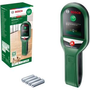 Détecteur Bosch UniversalDetect avec emballage et piles, adapté pour localiser des objets dans les murs.