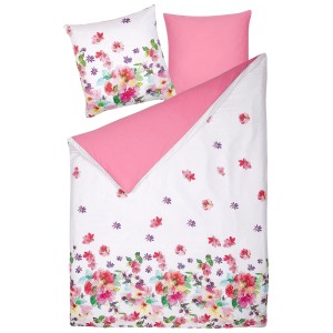 Set biancheria da letto Larynhill con motivo floreale, raso di cotone, bianco-rosa, matrimoniale (155x200 cm)