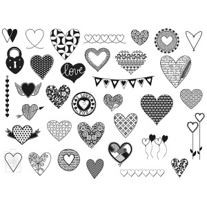 Stempelset Hearts, 35 Stk. mit Herzmotiven und Stempelkissen für kreative Projekte.