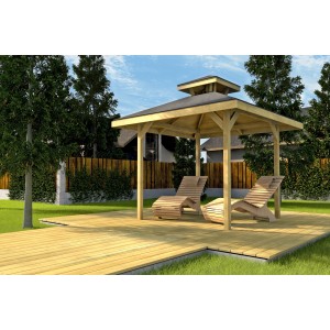 Gazebo Weka Oasi da giardino con tetto e due lettini su terrazza in legno nel giardino.