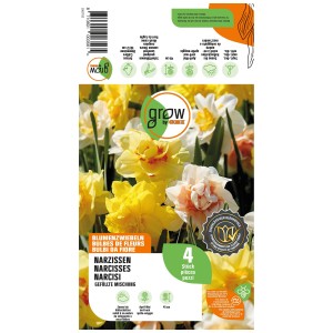 Verpackung GROW by OBI Narzissen-Mischung, gefüllte Blüten in Gelb, Weiß und Orange.