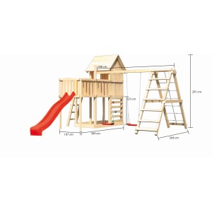 Maison sur pilotis Karibu Frieda avec balançoire, mur d'escalade et toboggan rouge. Tour de jeux en bois pour enfants.