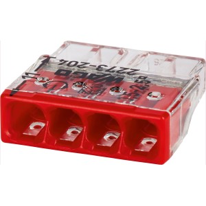 Morsettiera a 4 poli, rosso trasparente, per conduttori da 0,5 - 2,5 mm.
