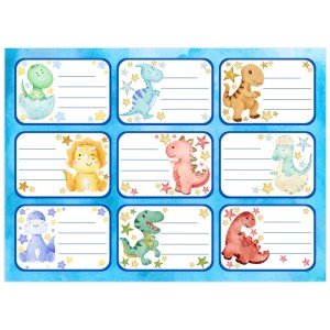 Etiketten mit Dino Motiven, 21x19,5 cm, ideal zum Beschriften von Heften und Mappen.