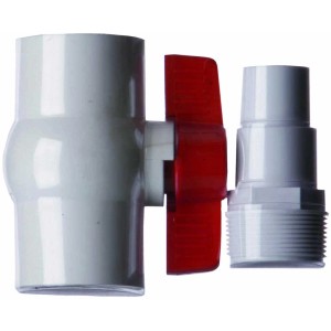 Vanne d'arrêt pour tuyaux de piscine (32/38 mm) avec poignée rouge et raccord fileté.