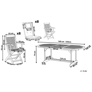 Dessin technique du salon de jardin Beliani Maui. Montre les dimensions de la table extensible, des chaises pliantes avec accoudoirs et coussins.