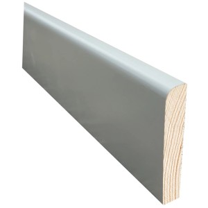 Battiscopa grigio in pino, altezza 60 mm, lunghezza 2400 mm. Ideale per una finitura armoniosa del pavimento.