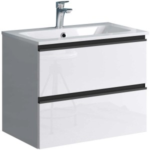 Vasque blanche en fonte minérale avec deux tiroirs et robinet.